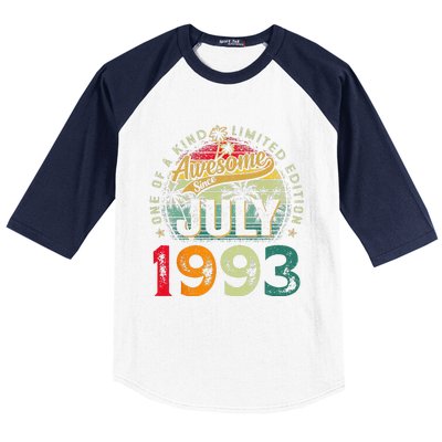 30th Birthday Awesome Since July 1993 30 Years Old Gifts Baseball Sleeve Shirt