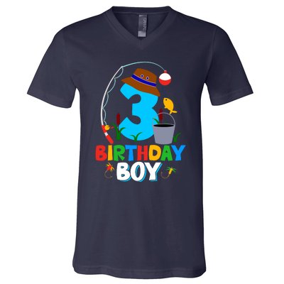 3rd Birthday Boy Fishing Fish Bday Party Decorations V-Neck T-Shirt