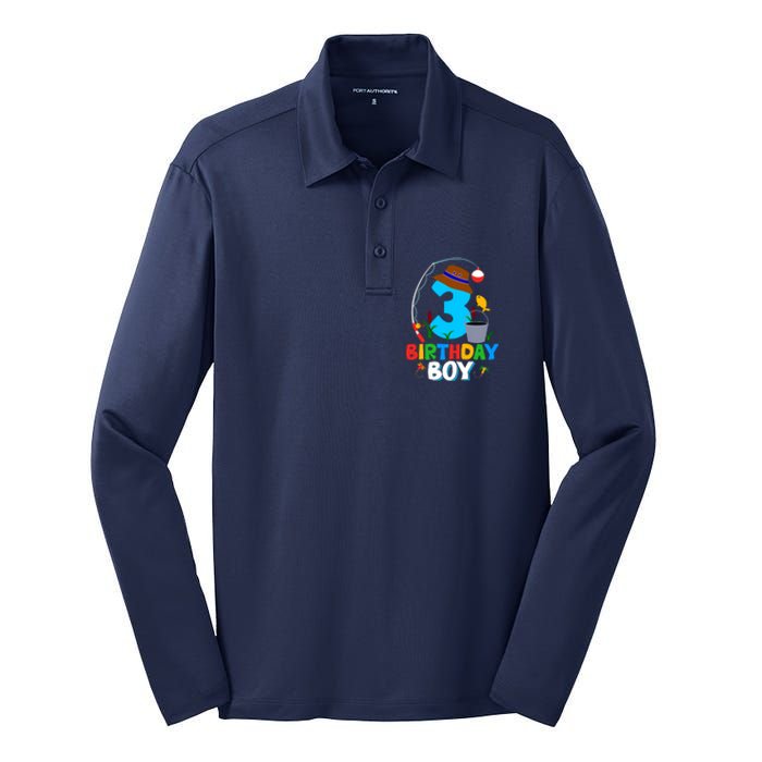 3rd Birthday Boy Fishing Fish Bday Party Decorations Silk Touch Performance Long Sleeve Polo