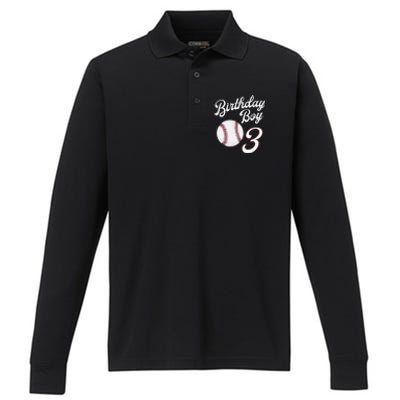 3rd Birthday Baseball Big Number Three 3 Year Old Day Gift Performance Long Sleeve Polo