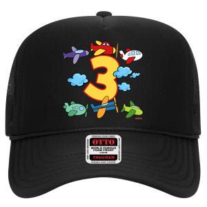 3rd Birthday Boy Airplane Pilot 3 Years Birthday High Crown Mesh Back Trucker Hat