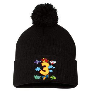 3rd Birthday Boy Airplane Pilot 3 Years Birthday Pom Pom 12in Knit Beanie