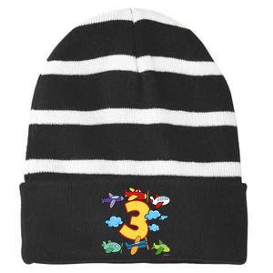 3rd Birthday Boy Airplane Pilot 3 Years Birthday Striped Beanie with Solid Band