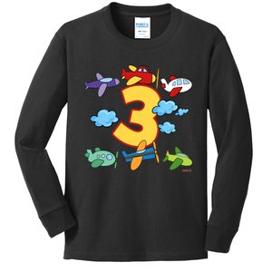 3rd Birthday Boy Airplane Pilot 3 Years Birthday Kids Long Sleeve Shirt