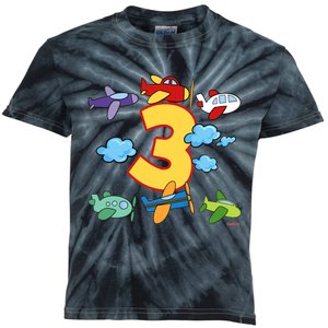 3rd Birthday Boy Airplane Pilot 3 Years Birthday Kids Tie-Dye T-Shirt