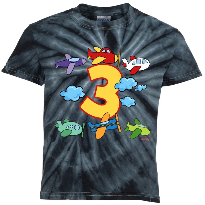 3rd Birthday Boy Airplane Pilot 3 Years Birthday Kids Tie-Dye T-Shirt