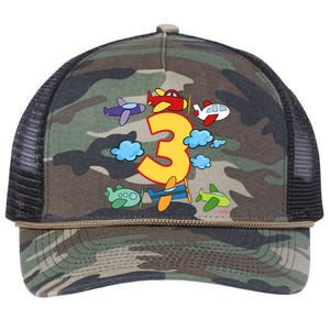 3rd Birthday Boy Airplane Pilot 3 Years Birthday Retro Rope Trucker Hat Cap