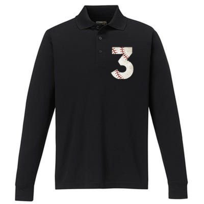 3rd Birthday Baseball Big Number Three 3 Year Old Performance Long Sleeve Polo