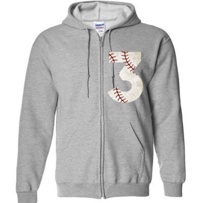 3rd Birthday Baseball Big Number Three 3 Year Old Full Zip Hoodie