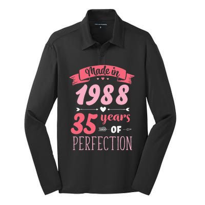 35 Birthday Decorations Women Female 35th BDay 1988 Birthday Silk Touch Performance Long Sleeve Polo