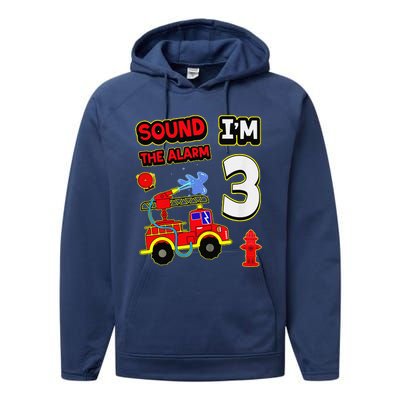 3rd Birthday Fire Truck 3 Year Old Firefighter Performance Fleece Hoodie