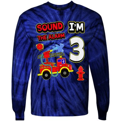 3rd Birthday Fire Truck 3 Year Old Firefighter Tie-Dye Long Sleeve Shirt