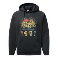 32nd Birthday Gift Awesome Since February 1991 32 Year Old Performance Fleece Hoodie