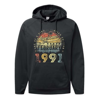 32nd Birthday Gift Awesome Since February 1991 32 Year Old Performance Fleece Hoodie