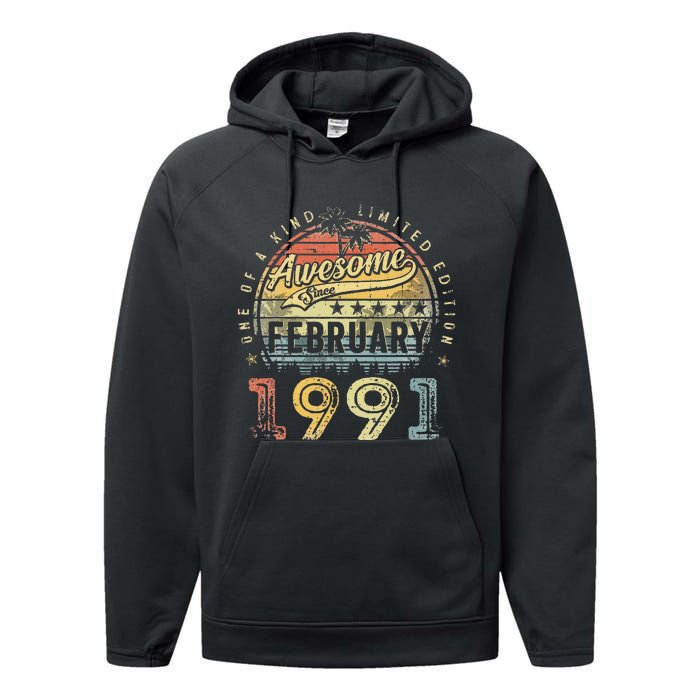 32nd Birthday Gift Awesome Since February 1991 32 Year Old Performance Fleece Hoodie