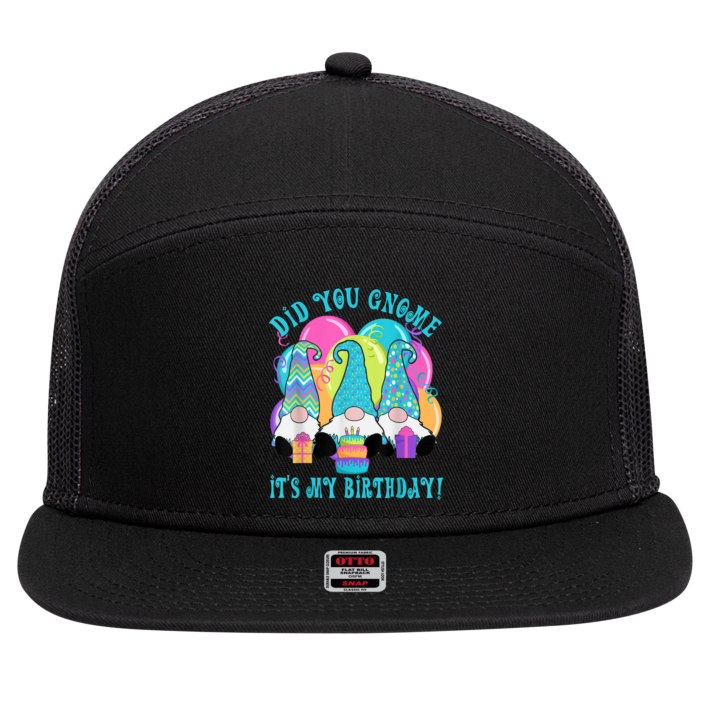 3 Birthday Gnomes Did You Gnome It's My Birthday Balloons 7 Panel Mesh Trucker Snapback Hat