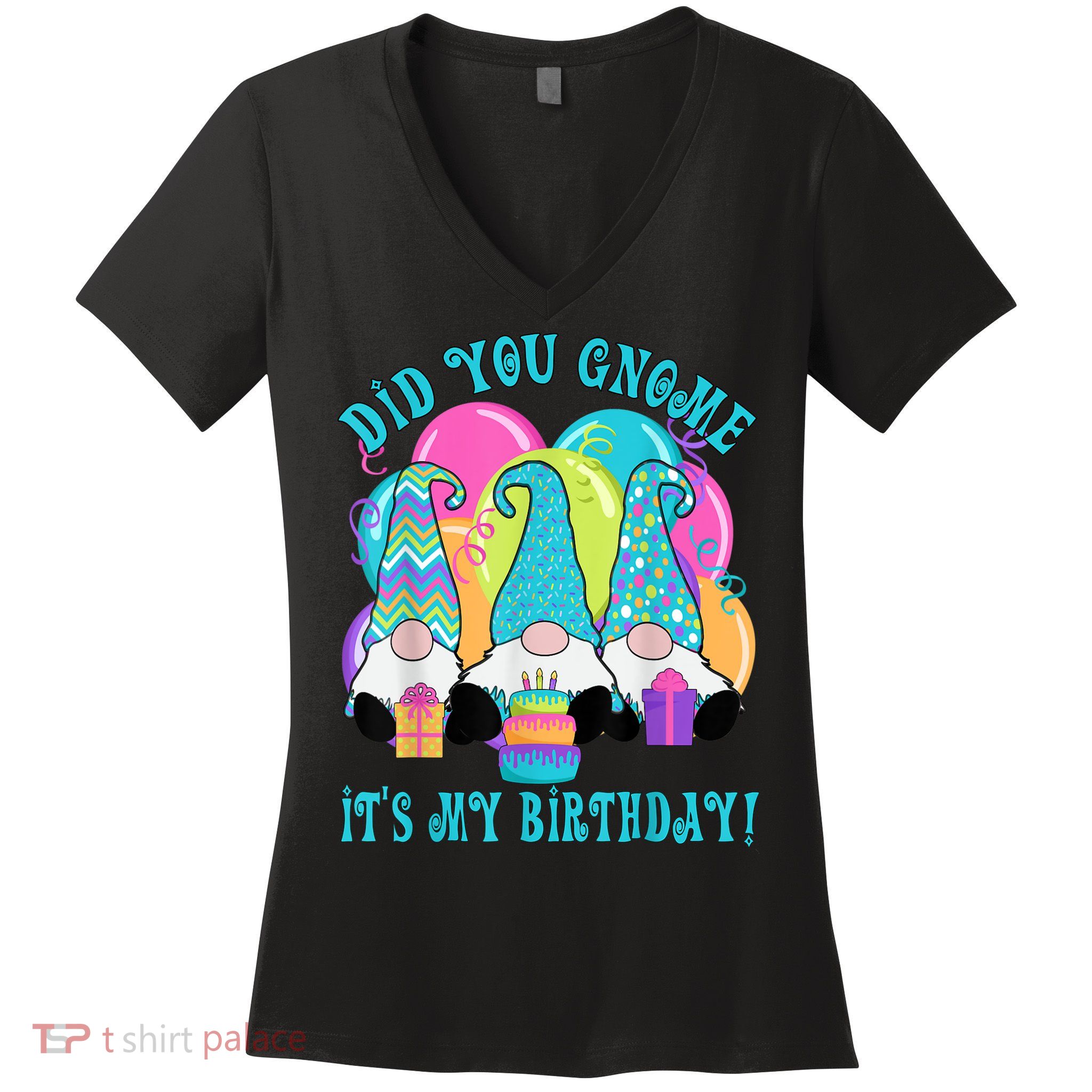3 Birthday Gnomes Did You Gnome It's My Birthday Balloons Women's V-Neck T-Shirt