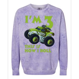 3th Birthday Green Monster Truck 3 Years Old Gift Colorblast Crewneck Sweatshirt