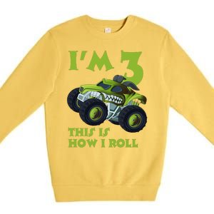 3th Birthday Green Monster Truck 3 Years Old Gift Premium Crewneck Sweatshirt