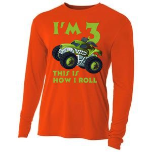 3th Birthday Green Monster Truck 3 Years Old Gift Cooling Performance Long Sleeve Crew