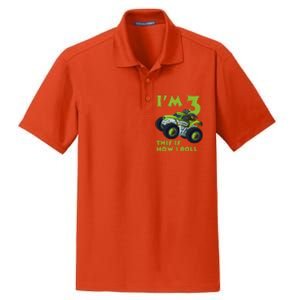 3th Birthday Green Monster Truck 3 Years Old Gift Dry Zone Grid Polo