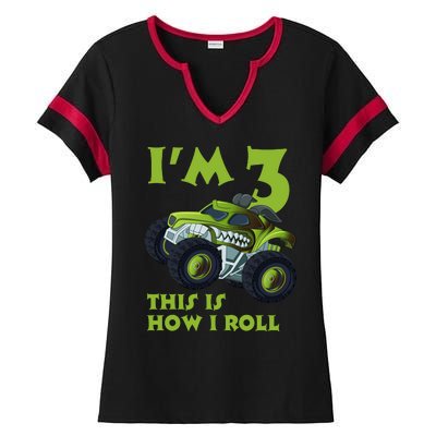 3th Birthday Green Monster Truck 3 Years Old Gift Ladies Halftime Notch Neck Tee