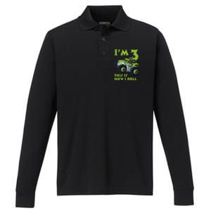 3th Birthday Green Monster Truck 3 Years Old Gift Performance Long Sleeve Polo