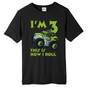 3th Birthday Green Monster Truck 3 Years Old Gift Tall Fusion ChromaSoft Performance T-Shirt