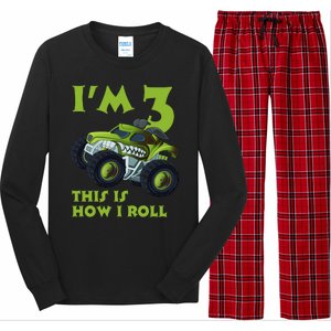 3th Birthday Green Monster Truck 3 Years Old Gift Long Sleeve Pajama Set