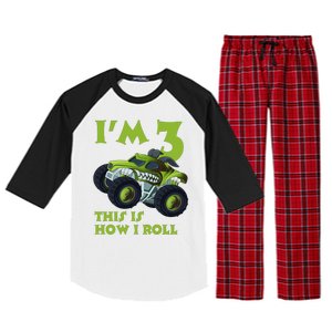 3th Birthday Green Monster Truck 3 Years Old Gift Raglan Sleeve Pajama Set