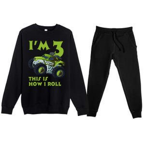 3th Birthday Green Monster Truck 3 Years Old Gift Premium Crewneck Sweatsuit Set