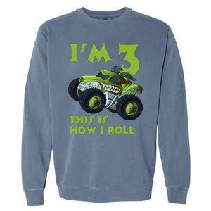 3th Birthday Green Monster Truck 3 Years Old Gift Garment-Dyed Sweatshirt