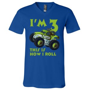 3th Birthday Green Monster Truck 3 Years Old Gift V-Neck T-Shirt