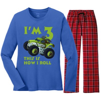 3th Birthday Green Monster Truck 3 Years Old Gift Women's Long Sleeve Flannel Pajama Set 