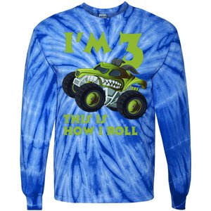 3th Birthday Green Monster Truck 3 Years Old Gift Tie-Dye Long Sleeve Shirt