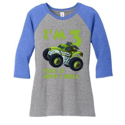 3th Birthday Green Monster Truck 3 Years Old Gift Women's Tri-Blend 3/4-Sleeve Raglan Shirt