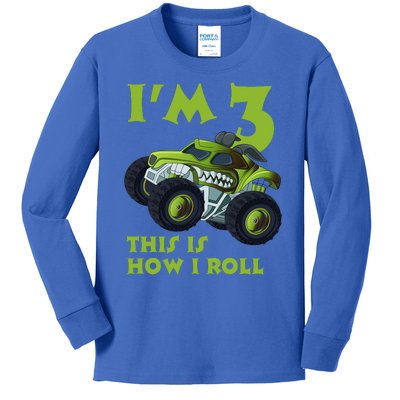 3th Birthday Green Monster Truck 3 Years Old Gift Kids Long Sleeve Shirt