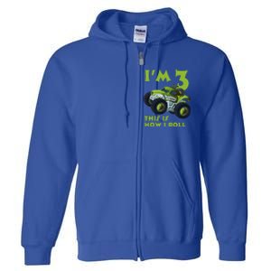 3th Birthday Green Monster Truck 3 Years Old Gift Full Zip Hoodie