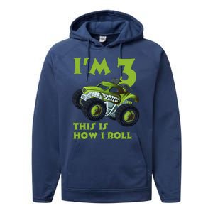 3th Birthday Green Monster Truck 3 Years Old Gift Performance Fleece Hoodie