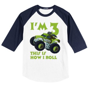 3th Birthday Green Monster Truck 3 Years Old Gift Baseball Sleeve Shirt