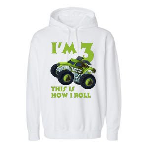 3th Birthday Green Monster Truck 3 Years Old Gift Garment-Dyed Fleece Hoodie