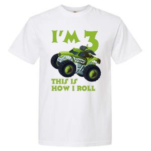 3th Birthday Green Monster Truck 3 Years Old Gift Garment-Dyed Heavyweight T-Shirt