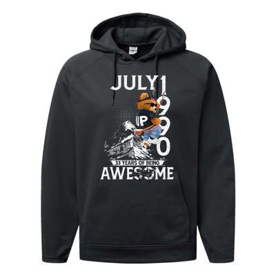 33rd Birthday Gifts Vintage July 1990 33 Years Old Performance Fleece Hoodie