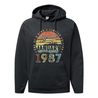 36th Birthday Gift Awesome Since January 1987 36 Year Old Performance Fleece Hoodie