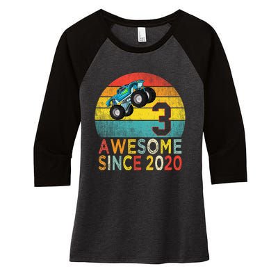 3rd Birthday Monster Truck Lover 3 Years Old Vintage Retro Women's Tri-Blend 3/4-Sleeve Raglan Shirt