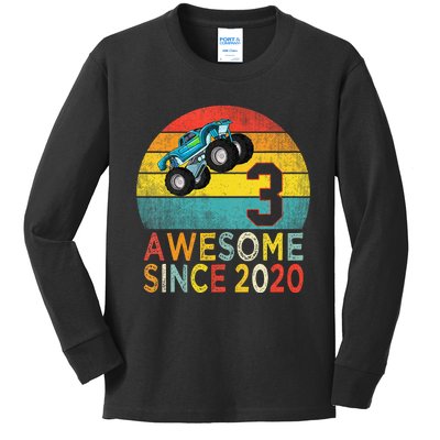 3rd Birthday Monster Truck Lover 3 Years Old Vintage Retro Kids Long Sleeve Shirt