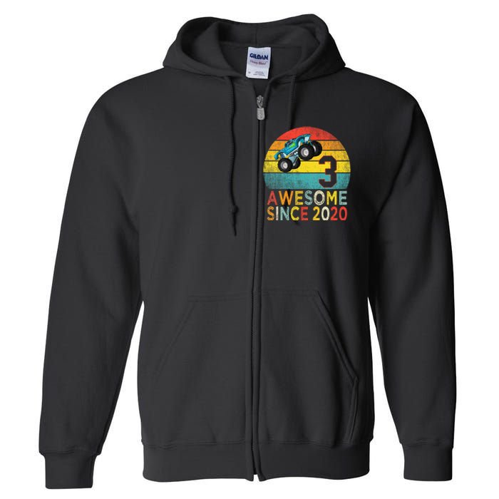 3rd Birthday Monster Truck Lover 3 Years Old Vintage Retro Full Zip Hoodie