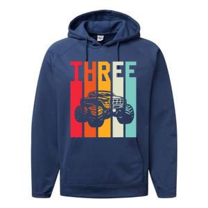 3rd Birthday Retro Monster Truck Boys Girl 3 Years Old Performance Fleece Hoodie