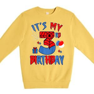 3rd Birthday Spider Web Theme Party Three 3 Year Bday Premium Crewneck Sweatshirt