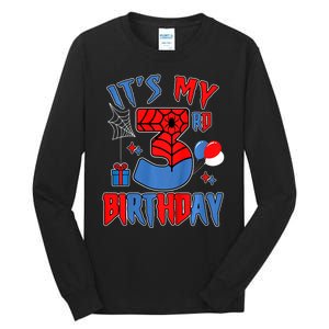 3rd Birthday Spider Web Theme Party Three 3 Year Bday Tall Long Sleeve T-Shirt